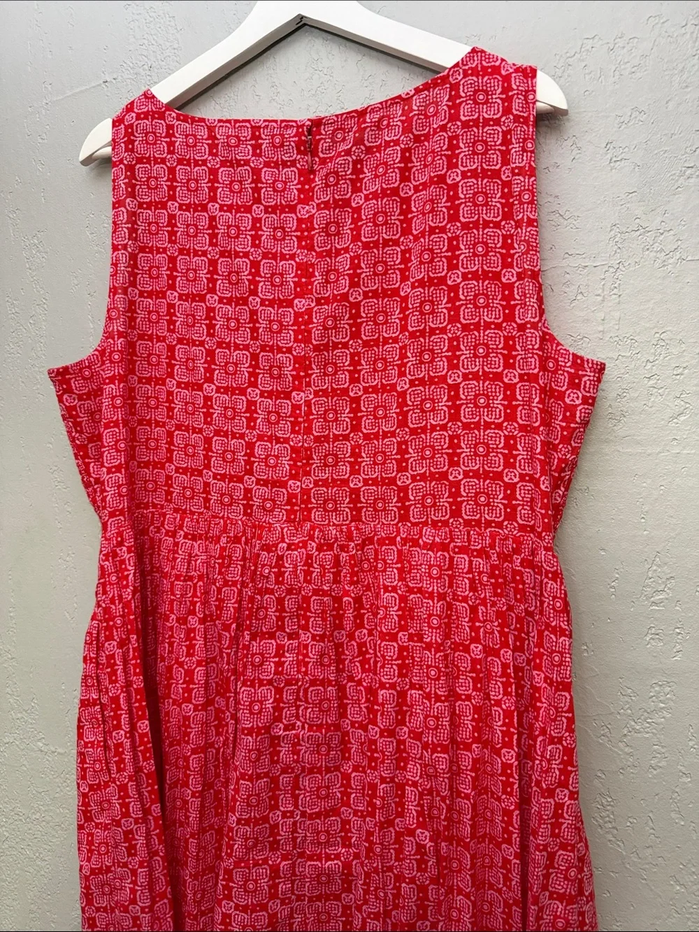J. CREW Dress Smocked Boatneck Midi Cerise Lotus Bloom Pockets 100% Cotton XL